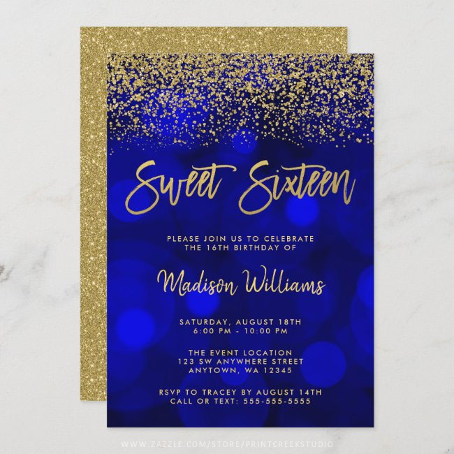 Modern blue and gold sweet 16 invitation