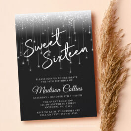Modern Lights Black and White Sweet 16 Invitation Template