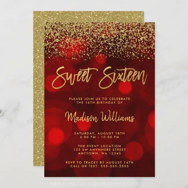 Modern Red Bokeh Gold Glitter Sweet 16 Invitation