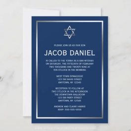 Navy Blue and Silver Star of David Bar Mitzvah Invitation