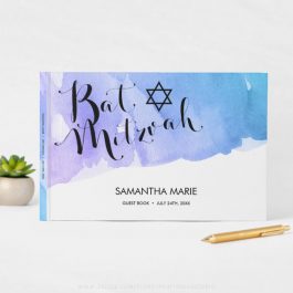 Purple Teal Watercolor Bat Mitzvah Guest Book