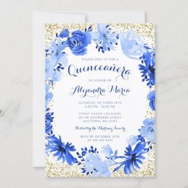 Royal Blue Watercolor Floral Gold Quinceanera Invitation