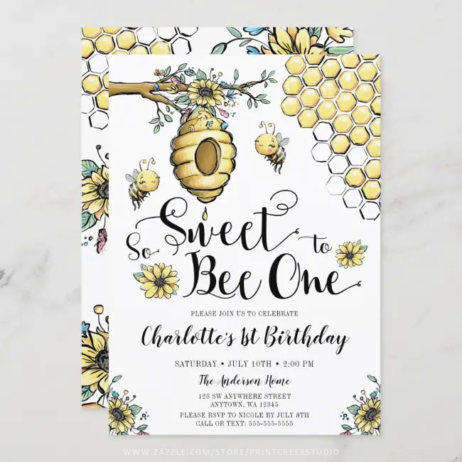 Floral Beehive Honey So Sweet Bee 1st Birthday Invitation