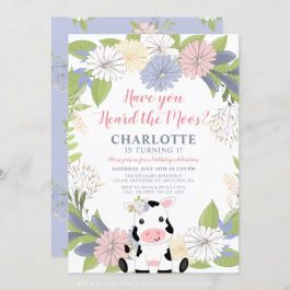 Floral Wreath Girl Cow 1st Birthday Invitation