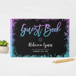 Purple Teal Faux Glitter Bat Mitzvah Guest Book