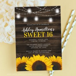 Rustic Sunflower Mason Jar Lights Sweet 16 Invitation