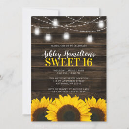 Rustic Sunflower Mason Jar Lights Sweet 16 Invitation