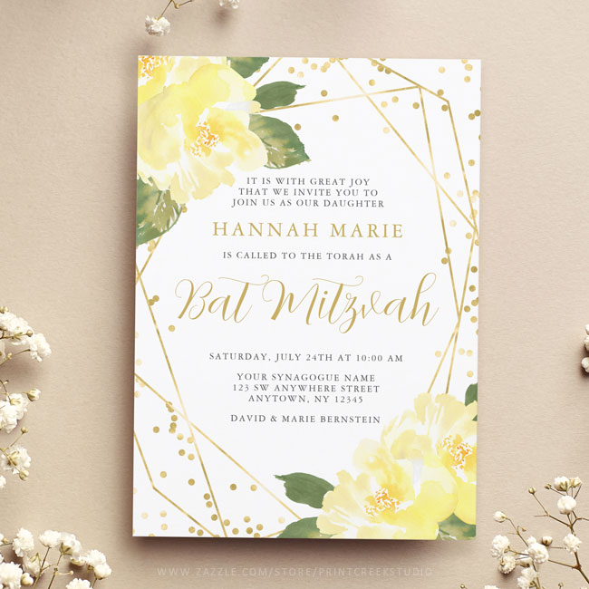 Watercolor Yellow Floral Gold Bat Mitzvah Invitation Template