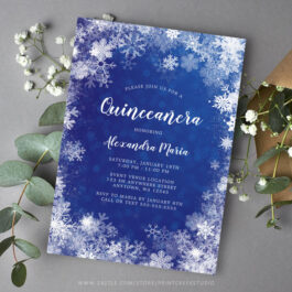 Navy Blue Snowflakes Winter Wonderland Quinceanera Invitation Template