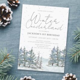 Snow Forest Winter Onederland Boy 1st Birthday Invitation Template