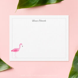 Watercolor Pink Flamingo Gray Border Personalized Note Card Stationery Set