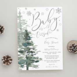 Winter Forest Silver It's Cold Outside Baby Shower Invitation Template