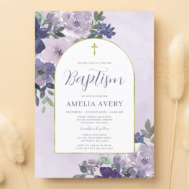 Elegant Purple Floral Gold Arch Girl Baptism Invitation Template