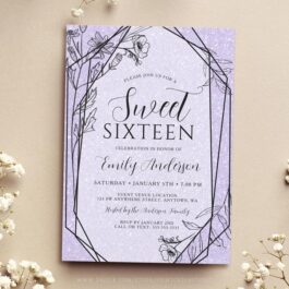 Modern Floral Lavender Purple Glitter Sweet 16 Invitation