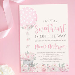 Pink Floral Valentine Balloon Girl Baby Shower Invitation Template