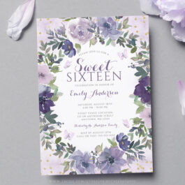 Purple Floral Butterfly Gold Sweet 16 Invitation
