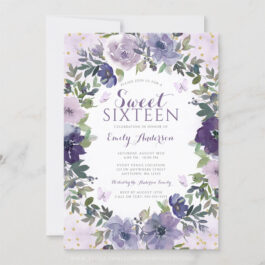 Purple Floral Butterfly Gold Sweet 16 Invitation