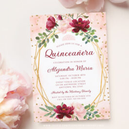 Blush Burgundy Floral Gold Geometric Quinceanera Invitation Template