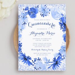 Royal Blue Watercolor Floral Quinceanera Invitation Template