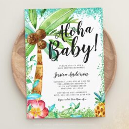 Tropical Luau Watercolor Faux Glitter Baby Shower Invitation Template