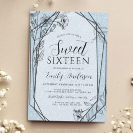 Modern Floral Dusty Blue Glitter Sweet 16 Invitation Template