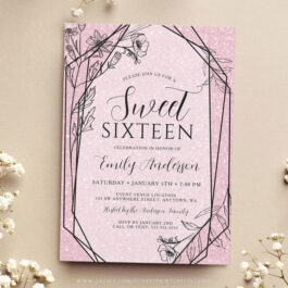Modern Floral Dusty Pink Glitter Sweet 16 Invitation Template
