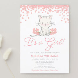 Pink Flowers Kitten Girl Baby Shower Invitation Template