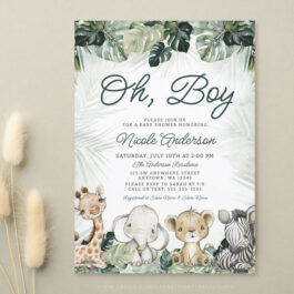 Tropical Greenery Safari Animals Boy Baby Shower Invitation Template