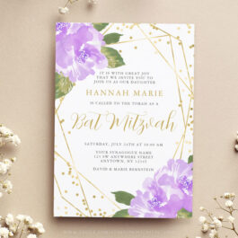 Watercolor Purple Floral Gold Bat Mitzvah Invitation