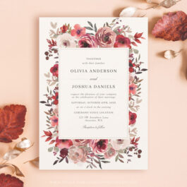 Elegant Rustic Red Floral Fall Wedding Invitation Template