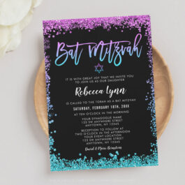 Purple Teal Faux Glitter Bat Mitzvah Invitation