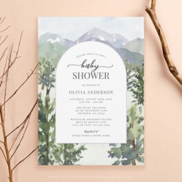 Watercolor Mountain Forest Arch Baby Shower Invitation