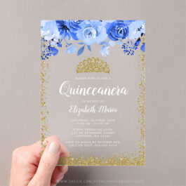 Blue Floral Faux Gold Glitter Tiara Quinceanera Acrylic Invitations