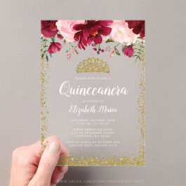 Blush Burgundy Floral Gold Tiara Quinceanera Acrylic Invitations