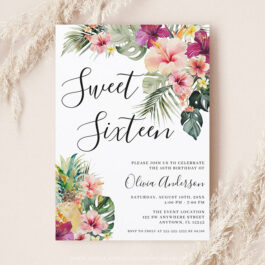 Modern Tropical Floral Sweet 16 White Invitation