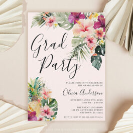 Modern Tropical Floral Pink Graduation Party Invitation